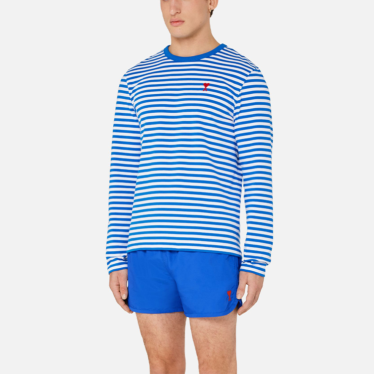 Purchase Ami Paris AMIPARIS FW21 蓝白拼色条纹长袖休闲T恤 A21HJ10672-406