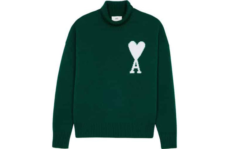 Ami Paris AMIPARIS FW21  Logo Knit Turtleneck Pullover Sweater Dark Green Wool. H21K213-018300