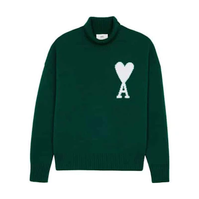 Ami Paris AMIPARIS FW21 Logo Knit Turtleneck Pullover Sweater Dark Green Wool. H21K213-018300