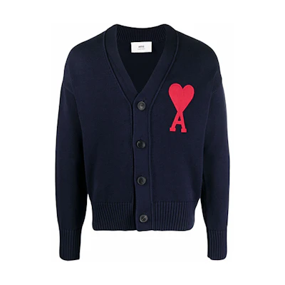 Ami Paris AMIPARIS FW21 Navy Blue Oversized Heart Logo V-Neck Knit Cardigan Sweater A21HK303016-410