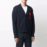 Lookbook Ami Paris AMIPARIS FW21 Navy Blue Oversized Heart Logo V-Neck Knit Cardigan Sweater A21HK303016-410