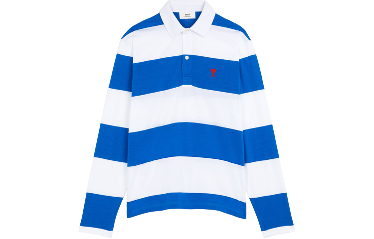 Order Ami Paris AMIPARIS FW21 Baju Polo Lengan Panjang Jalur Biru Putih Lelaki A21HJ21175-406