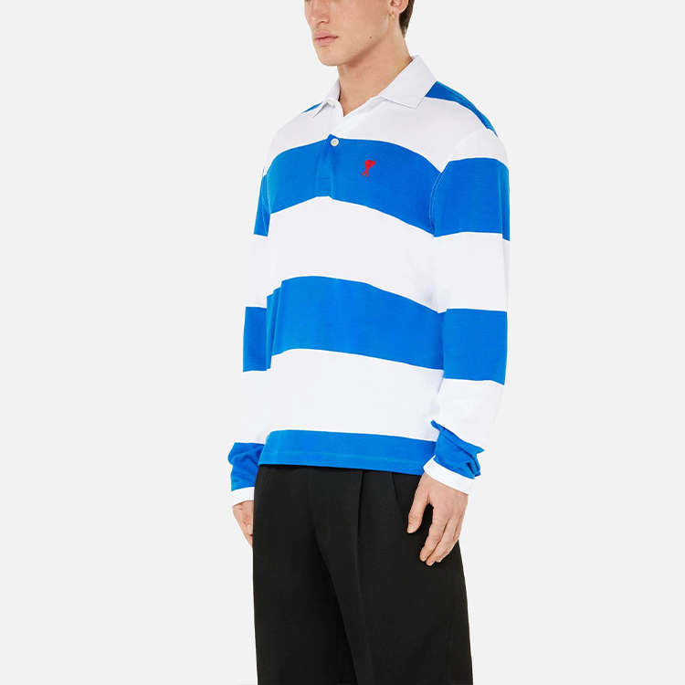 Purchase Ami Paris AMIPARIS FW21 Baju Polo Lengan Panjang Jalur Biru Putih Lelaki A21HJ21175-406