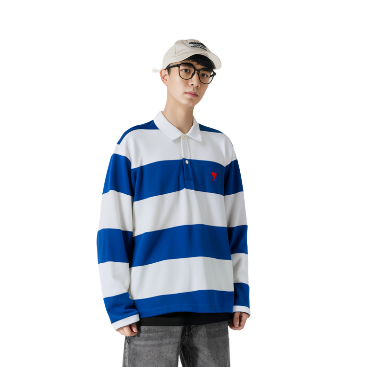 Details for Ami Paris AMIPARIS FW21 Baju Polo Lengan Panjang Jalur Biru Putih Lelaki A21HJ21175-406