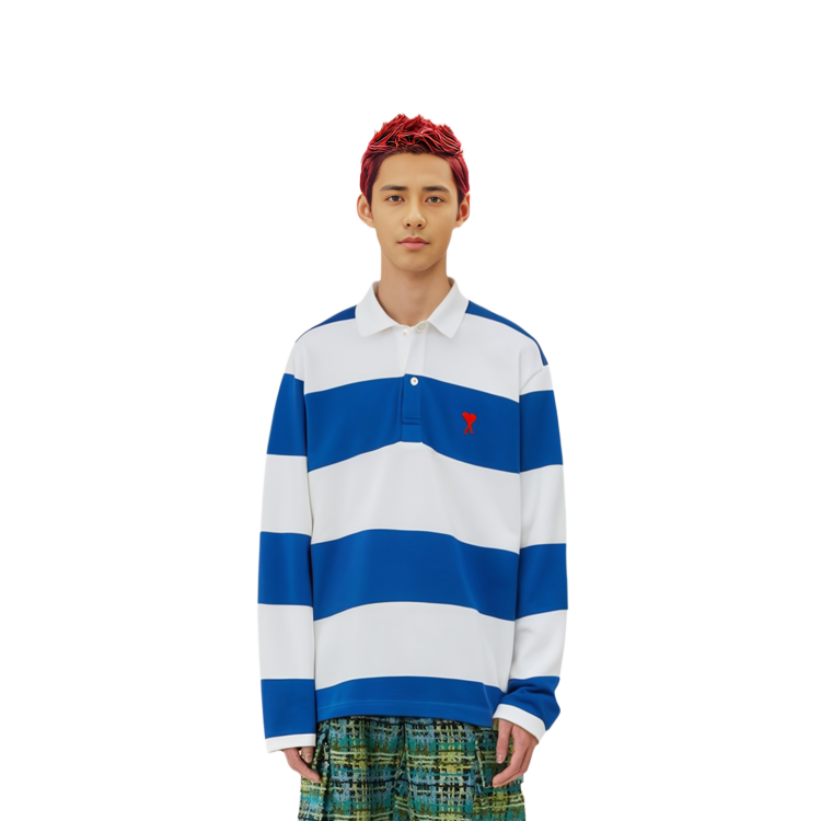 Cheap Ami Paris AMIPARIS FW21 Baju Polo Lengan Panjang Jalur Biru Putih Lelaki A21HJ21175-406