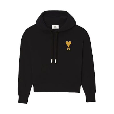 Ami Paris AMIPARIS FW21 Gold Heart Logo Drawstring Hoodie Black - . USW207-749001