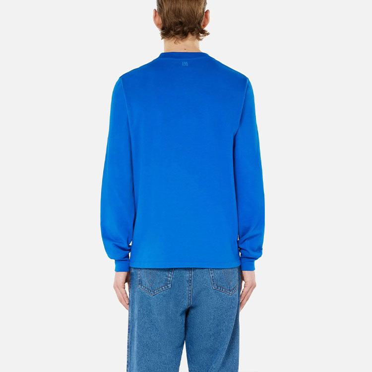 Shop Ami Paris AMIPARIS FW21 刺繡Logo寬鬆長袖T恤 海軍藍 男款 A21HJ005701-490