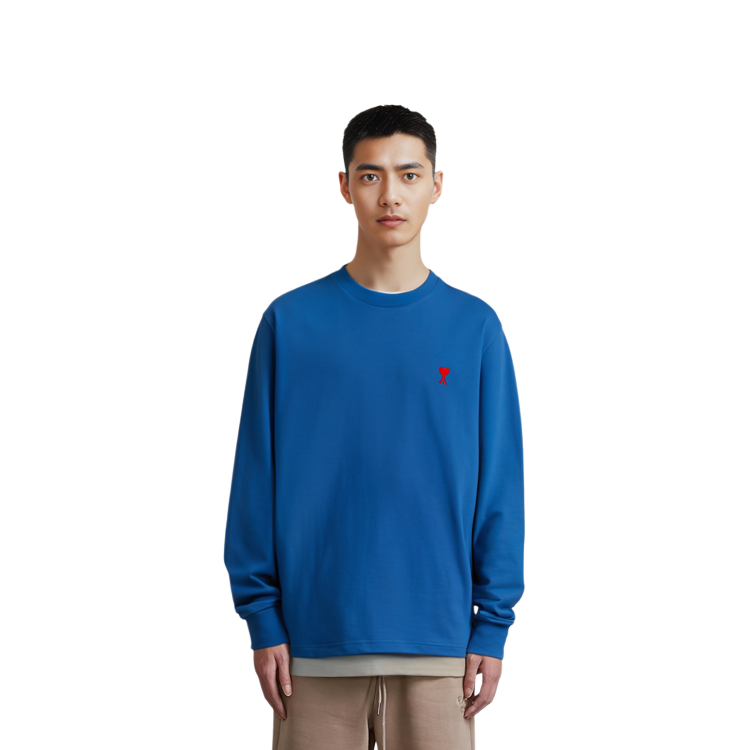 Sizing Ami Paris AMIPARIS FW21 刺繡Logo寬鬆長袖T恤 海軍藍 男款 A21HJ005701-490