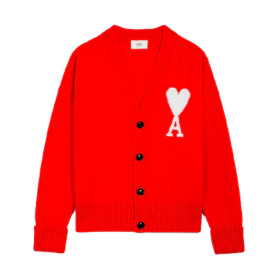 Ami Paris AMIPARIS FW21 Red Heart V-Neck Wool Cardigan Unisex Sweater. H21K313-018600