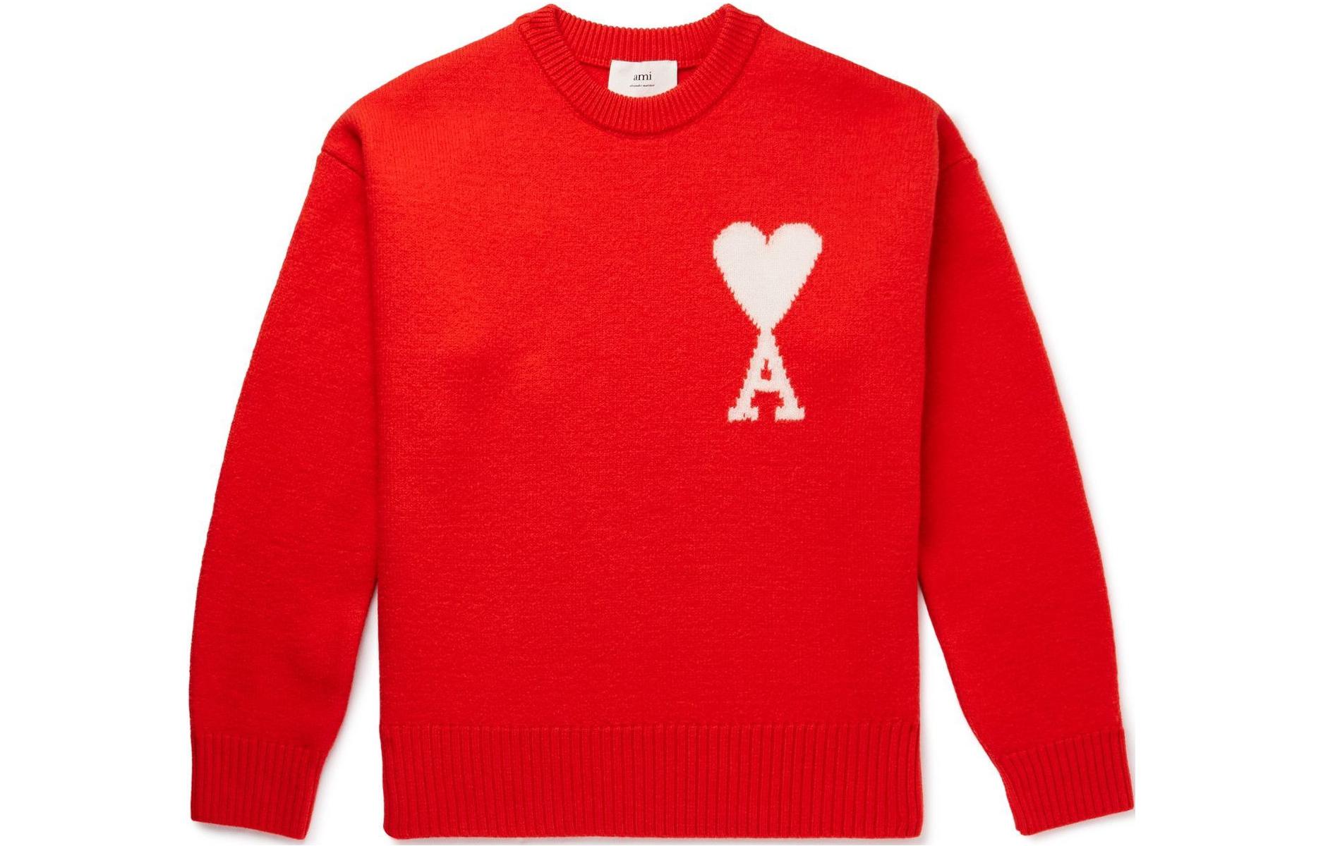 Ami Paris AMIPARIS FW21 Red Oversized Wool Knit Sweater with White Heart Logo for Men. H21K019018-600
