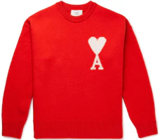 Ami Paris AMIPARIS FW21 Red Oversized Wool Knit Sweater with White Heart Logo for Men. H21K019018-600 Ami Paris AMIPARIS FW21 Red Oversized Wool Knit Sweater with White Heart Logo for Men. H21K019018-600