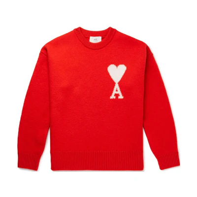 Ami Paris AMIPARIS FW21 Red Oversized Wool Knit Sweater with White Heart Logo for Men. H21K019018-600
