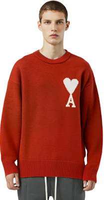 아미파리 FW21 남성용 레드 오버사이즈 울 니트 스웨터 화이트 하트 로고. H21K019018-600 Sizing 아미파리 FW21 남성용 레드 오버사이즈 울 니트 스웨터 화이트 하트 로고. H21K019018-600