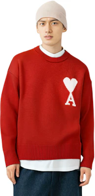 아미파리 FW21 남성용 레드 오버사이즈 울 니트 스웨터 화이트 하트 로고. H21K019018-600 Cheap 아미파리 FW21 남성용 레드 오버사이즈 울 니트 스웨터 화이트 하트 로고. H21K019018-600