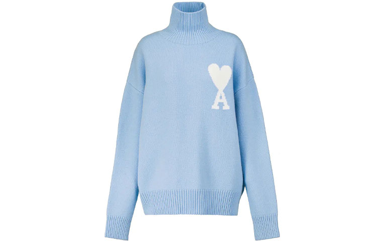 Ami Paris AMIPARIS FW21 Sky Blue Logo Jacquard Wool Turtleneck Sweater Unisex. SPEH21K214018-450