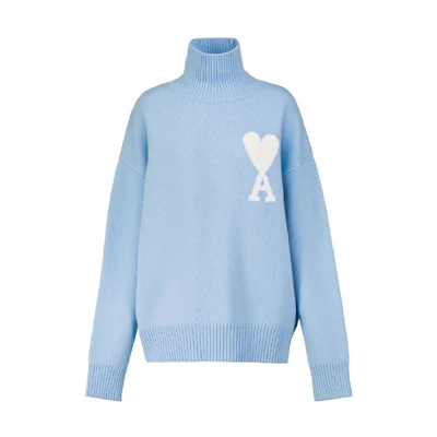 Ami Paris AMIPARIS FW21 Sky Blue Logo Jacquard Wool Turtleneck Sweater Unisex. SPEH21K214018-450