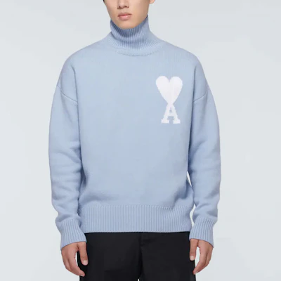 Ami Paris FW21 Sweater Turtleneck Wool Logo Biru Langit Unisex. SPEH21K214018-450 Details for Ami Paris FW21 Sweater Turtleneck Wool Logo Biru Langit Unisex. SPEH21K214018-450