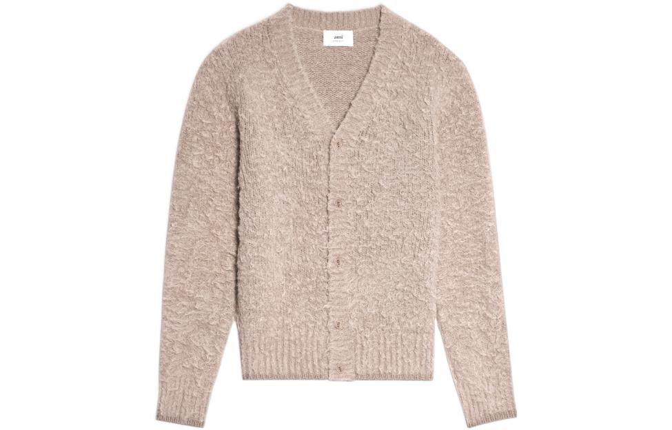 Ami Paris AMIPARIS FW22  Beige Solid V-Neck Button-Up Knit Cardigan Sweater. HKC153028-250