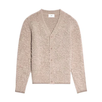 Ami Paris AMIPARIS FW22 Beige Solid V-Neck Button-Up Knit Cardigan Sweater. HKC153028-250