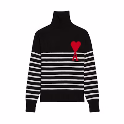 Ami Paris AMIPARIS FW22 Black Heart Pattern Turtleneck Knit Sweater Unisex. UKS404018-958