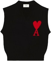 Ami Paris AMIPARIS FW22 Black Sleeveless V-Neck Vest with Red Heart Unisex. UKS702018-009 Ami Paris AMIPARIS FW22 Black Sleeveless V-Neck Vest with Red Heart Unisex. UKS702018-009