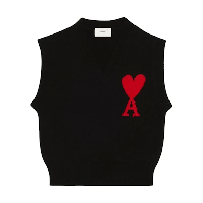 Ami Paris AMIPARIS FW22 Black Sleeveless V-Neck Vest with Red Heart Unisex. UKS702018-009
