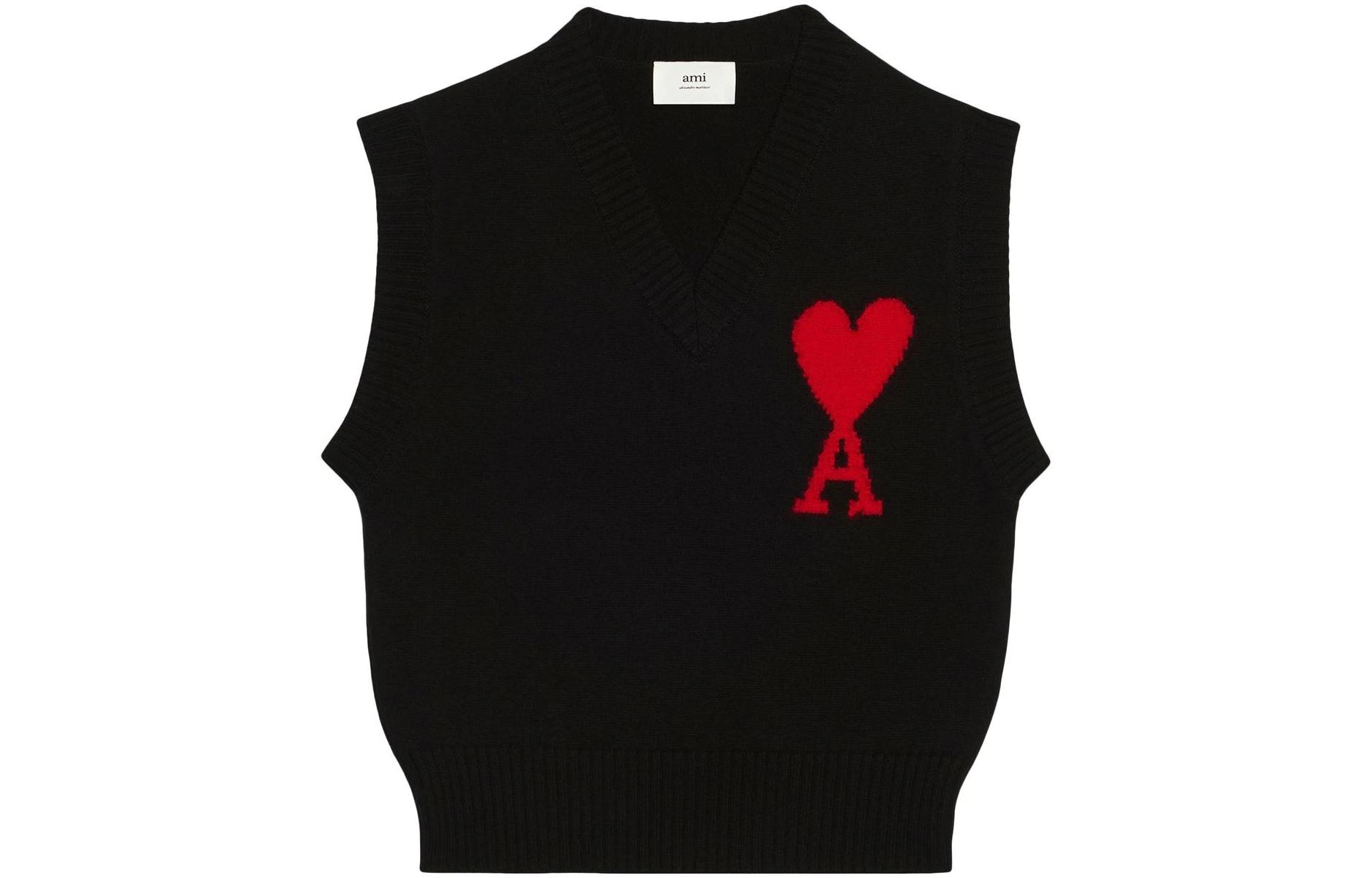 Order Ami Paris AMIPARIS 秋冬22 黑色無袖V領背心紅心款 男女適用 UKS702018-009