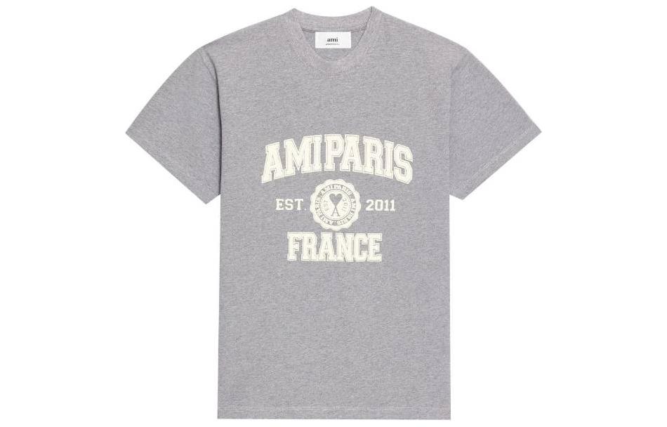 Ami Paris AMIPARIS FW22 Grey Crewneck Logo Print Short Sleeve T-Shirt for Men. HTS010702-055
