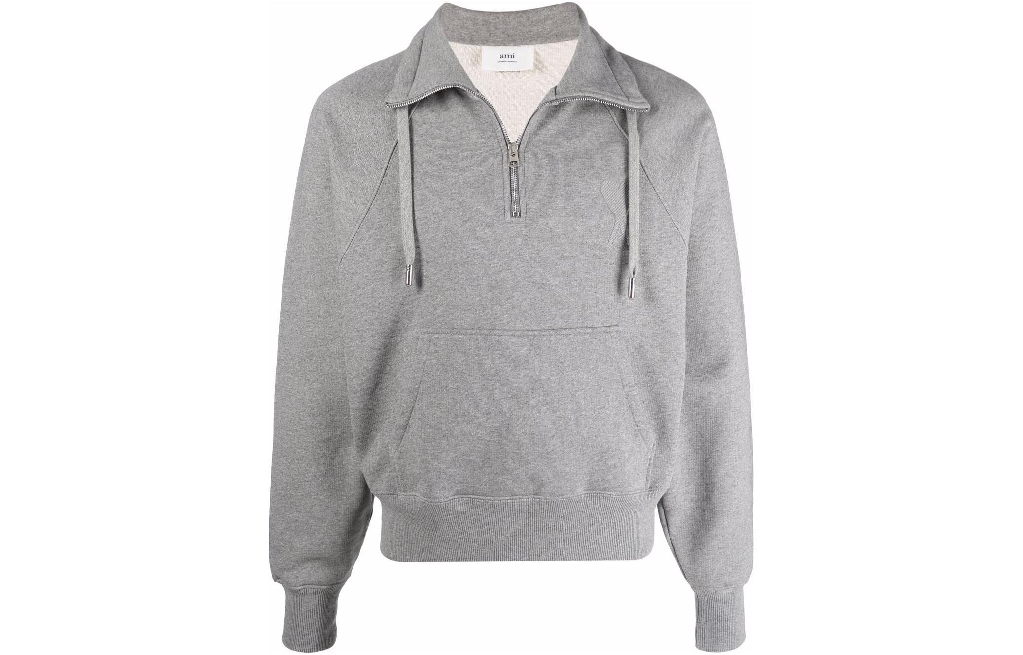 Ami Paris AMIPARIS FW22 Logo Heart Drawstring Half-Zip Unisex Sweatshirt Grey USW502747-055