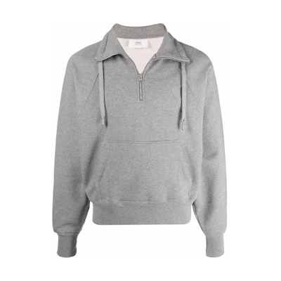 Ami Paris AMIPARIS FW22 Logo Heart Drawstring Half-Zip Unisex Sweatshirt Grey USW502747-055
