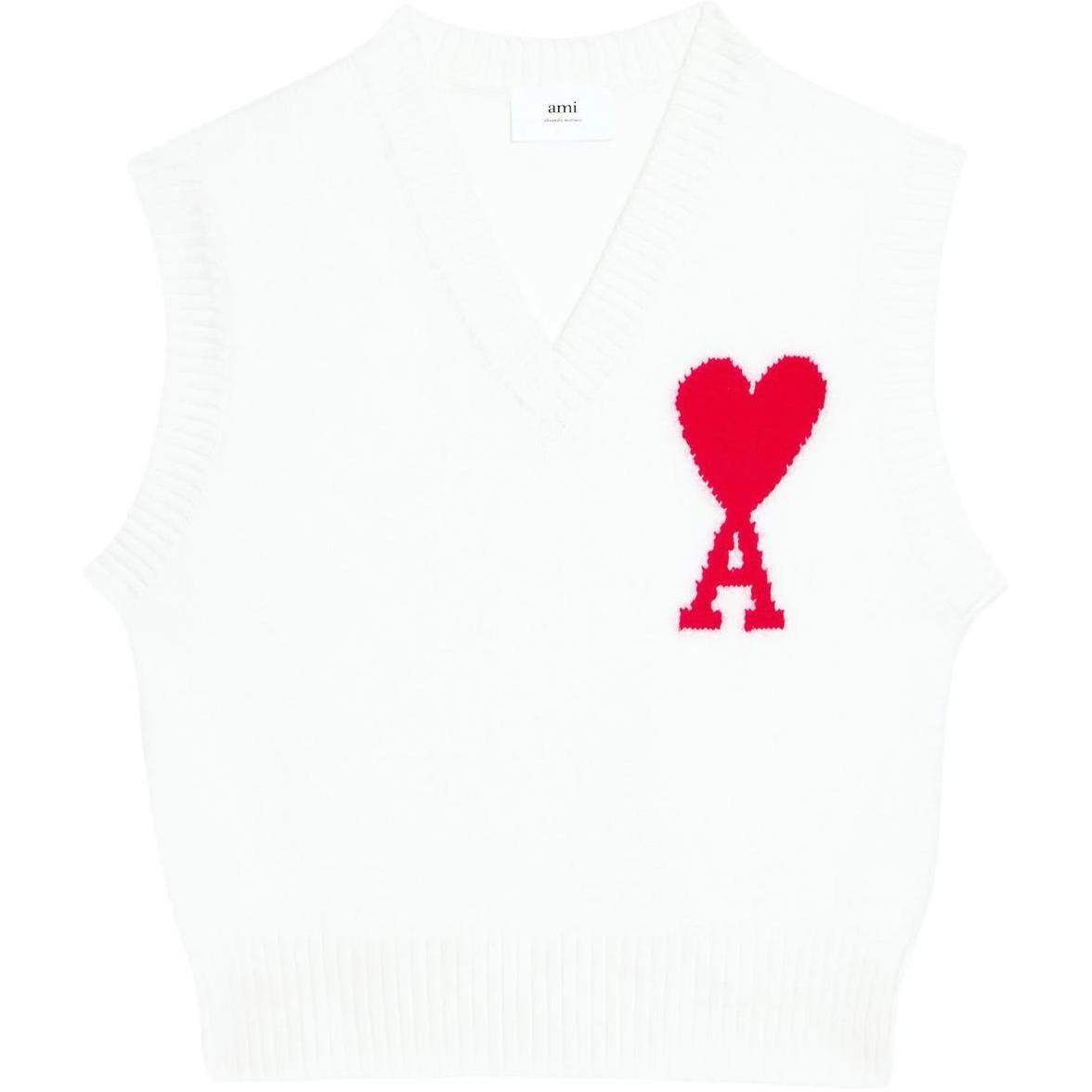 Ami Paris AMIPARIS FW22 Logo Knit V-Neck Vest  White UKS702018.154