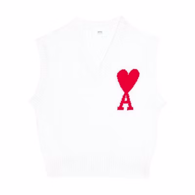 Ami Paris AMIPARIS FW22 Logo Knit V-Neck Vest White UKS702018.154