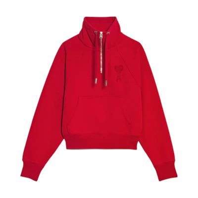 Ami Paris AMIPARIS FW22 Red Half-Zip Pullover Sweatshirt with Heart Logo Unisex. USW502747-600