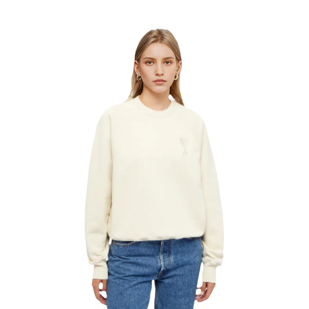 Lookbook 아미 파리 FW22 솔리드 컬러 하트 로고 자수 크루넥 스웨트셔츠 베이지 유니섹스 USW002747-150