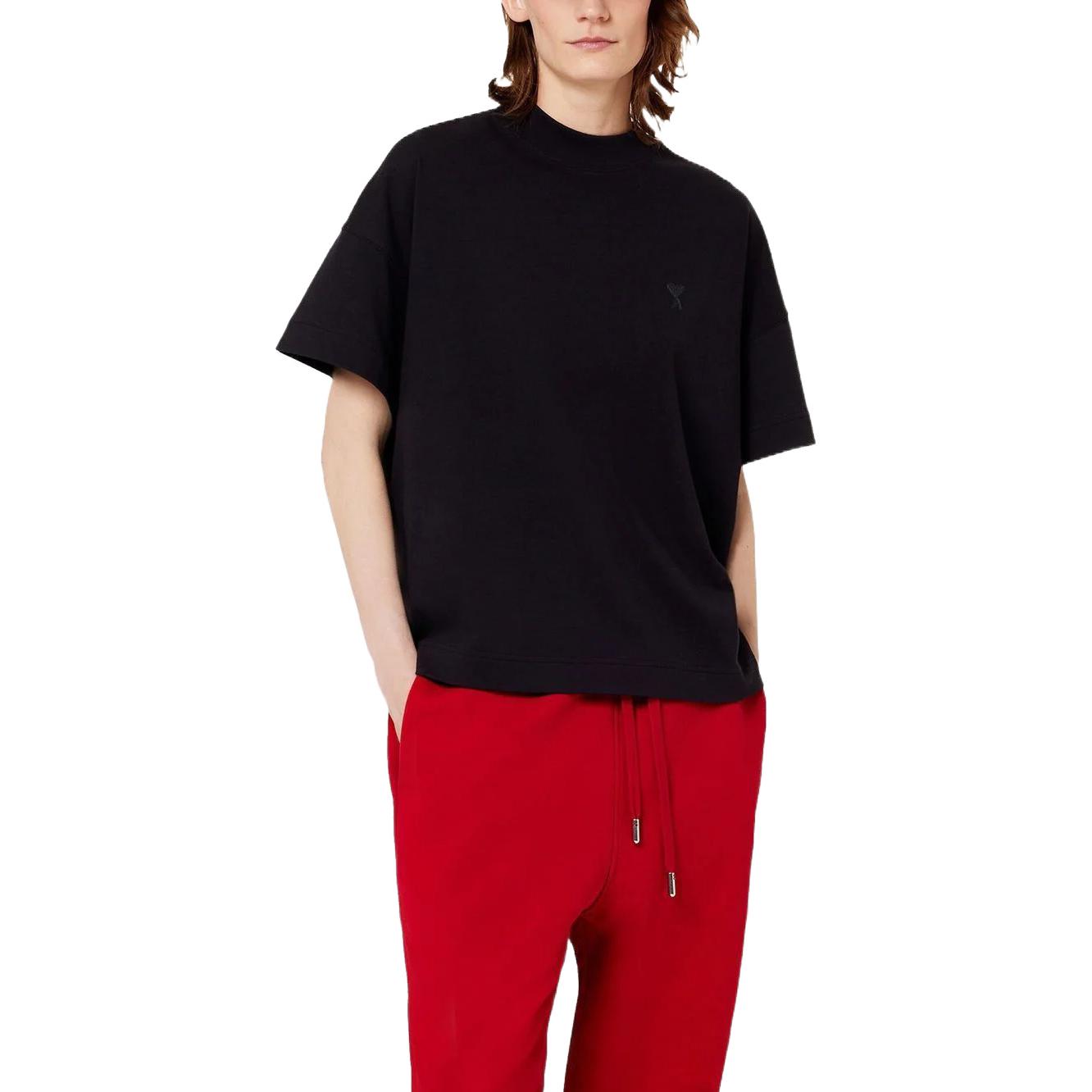 Shop Ami Paris FW22 Unisex Baju Hitam Loose Fit Crewneck Logo Sulaman UTS012726-001