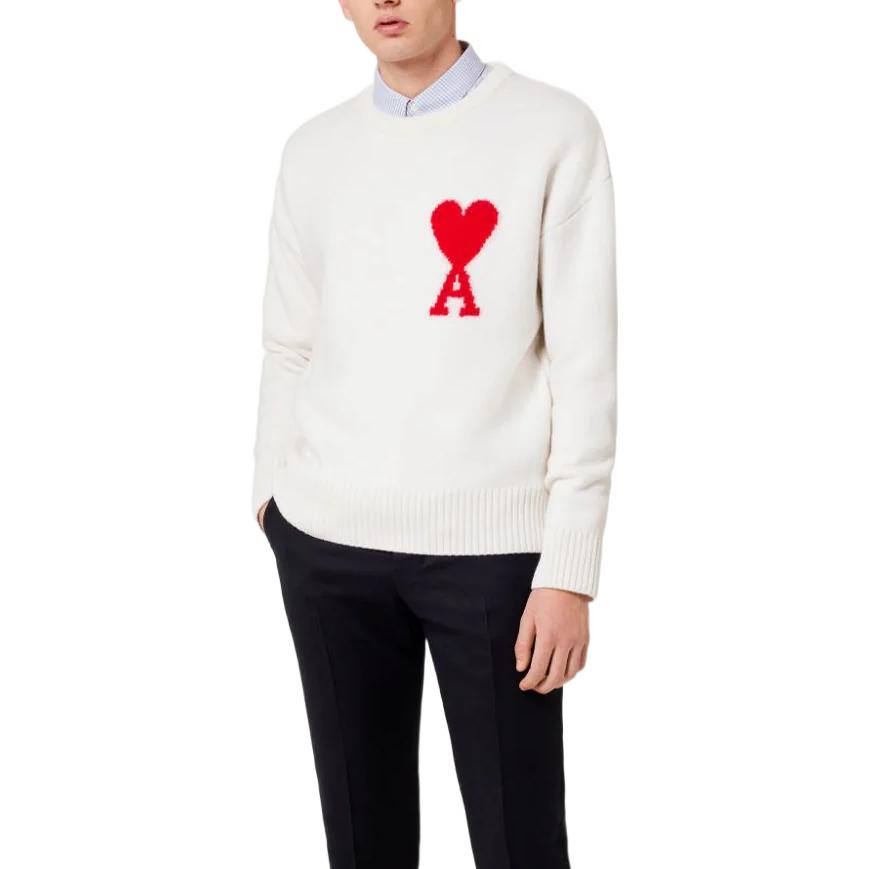 Shop 아미 파리 FW22 울 스웨터 빅하트 로고 크루넥 유니섹스 오프화이트. BFUKS002-018154