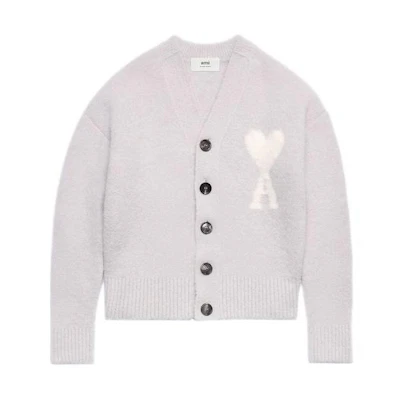 Ami Paris AMIPARIS FW23 Gray Heart V-Neck Button-Up Knit Cardigan. UKC025KN0032-090