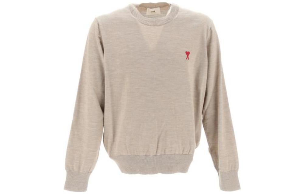Ami Paris AMIPARIS FW23  Heart Embroidery Merino Wool Sweater in Champagne. HKS111KN0025265