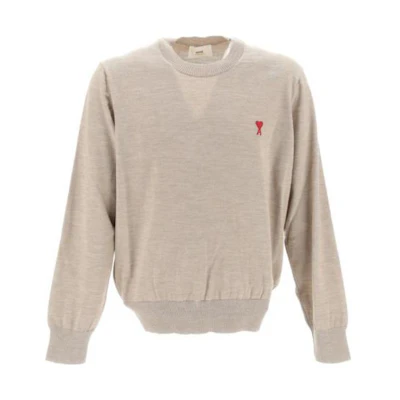 Ami Paris AMIPARIS FW23 Heart Embroidery Merino Wool Sweater in Champagne. HKS111KN0025265