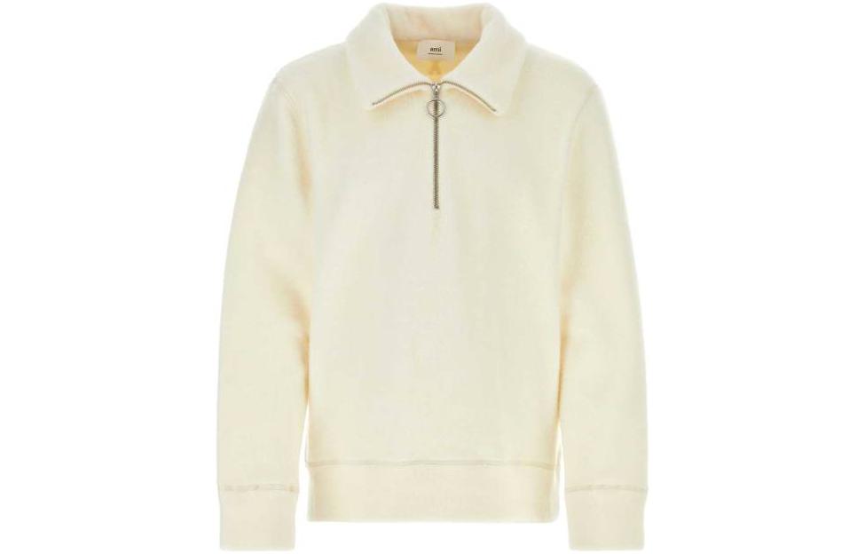 Ami Paris AMIPARIS FW23  Ivory Long Sleeve Knit Sweater with Half-Open Collar. UPL323JE0041-185