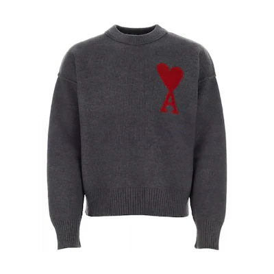 Ami Paris AMIPARIS FW23 Red Heart Embroidered Wool Sweater in Dark Gray. BFUKS006018-084