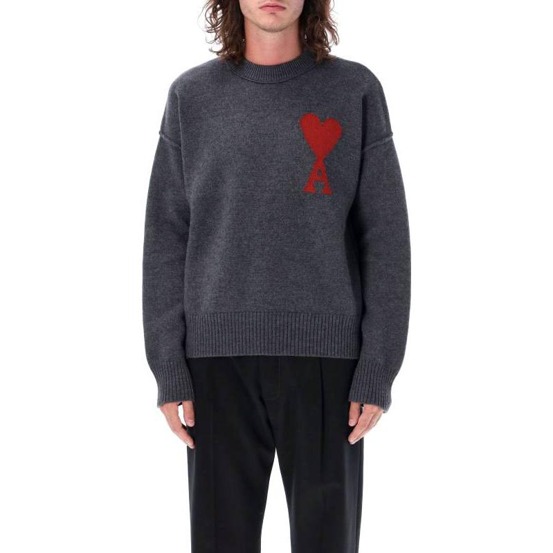 Shop Ami Paris AMIPARIS FW23 紅色愛心刺繡深灰羊毛毛衣 BFUKS006018-084