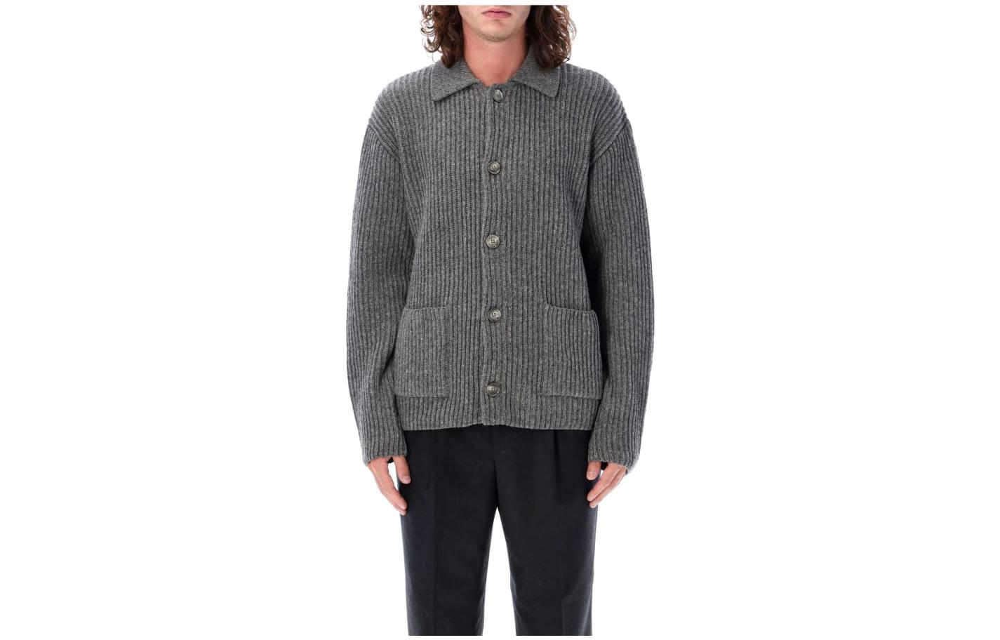 Ami Paris AMIPARIS FW23  Ribbed Knit Cardigan Sweater Single Breasted Grey. HKC314KN0019055