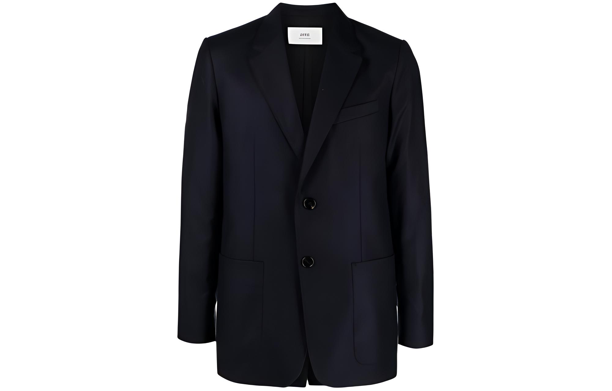 Ami Paris AMIPARIS FW23  Solid Single-Breasted Slim Fit Navy Blue Blazer. H23UJK010WV0-020
