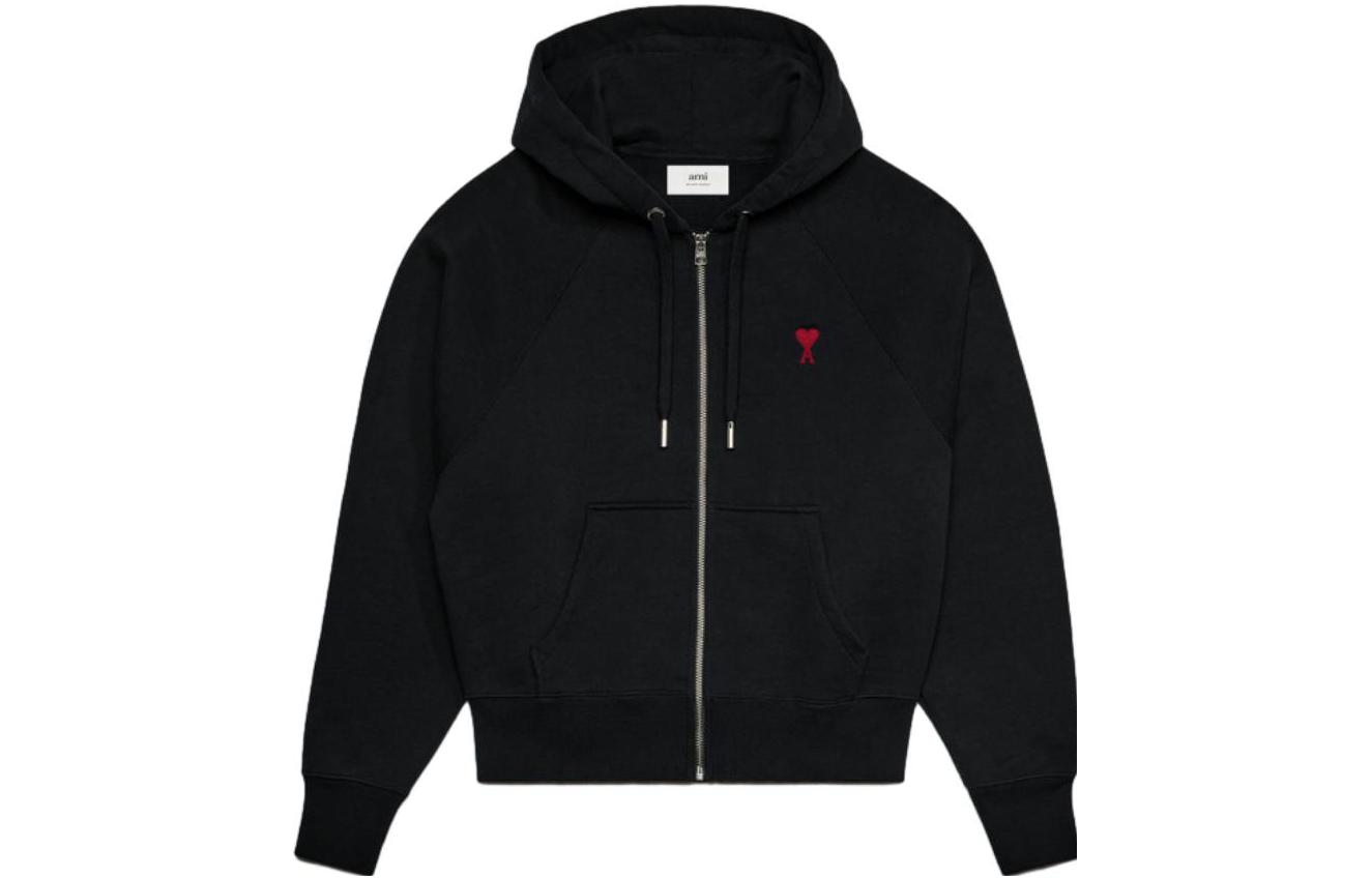 Ami Paris AMIPARIS FW23 Black Heart Logo Cotton Zip Hoodie Unisex Casual Oversized Jacket. USW415747-001