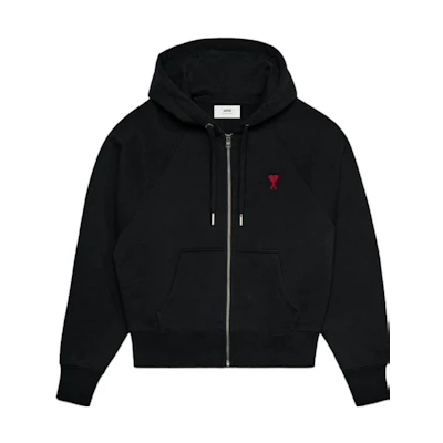 Ami Paris AMIPARIS FW23 Black Heart Logo Cotton Zip Hoodie Unisex Casual Oversized Jacket. USW415747-001
