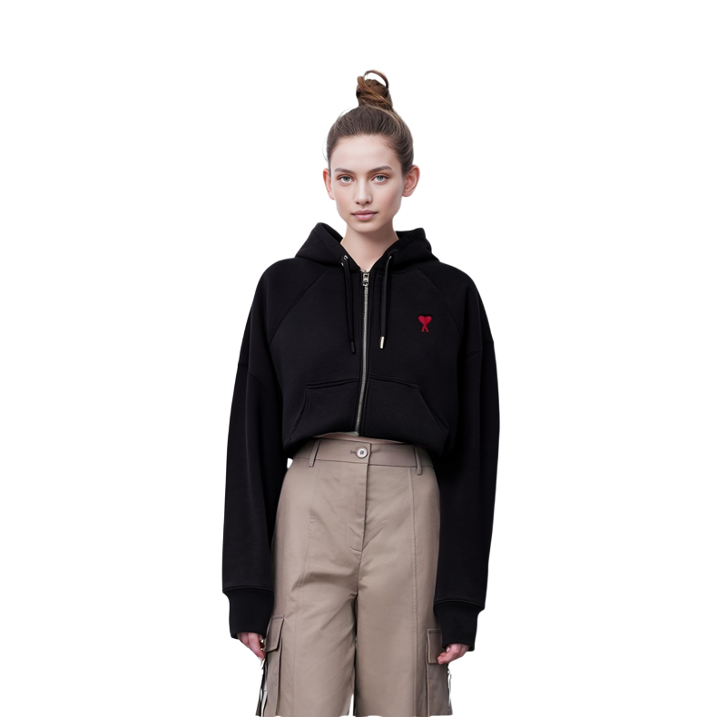 Ami Paris AMIPARIS FW23 Black Heart Logo Cotton Zip Hoodie Unisex Casual Oversized Jacket. USW415747-001 圖 5