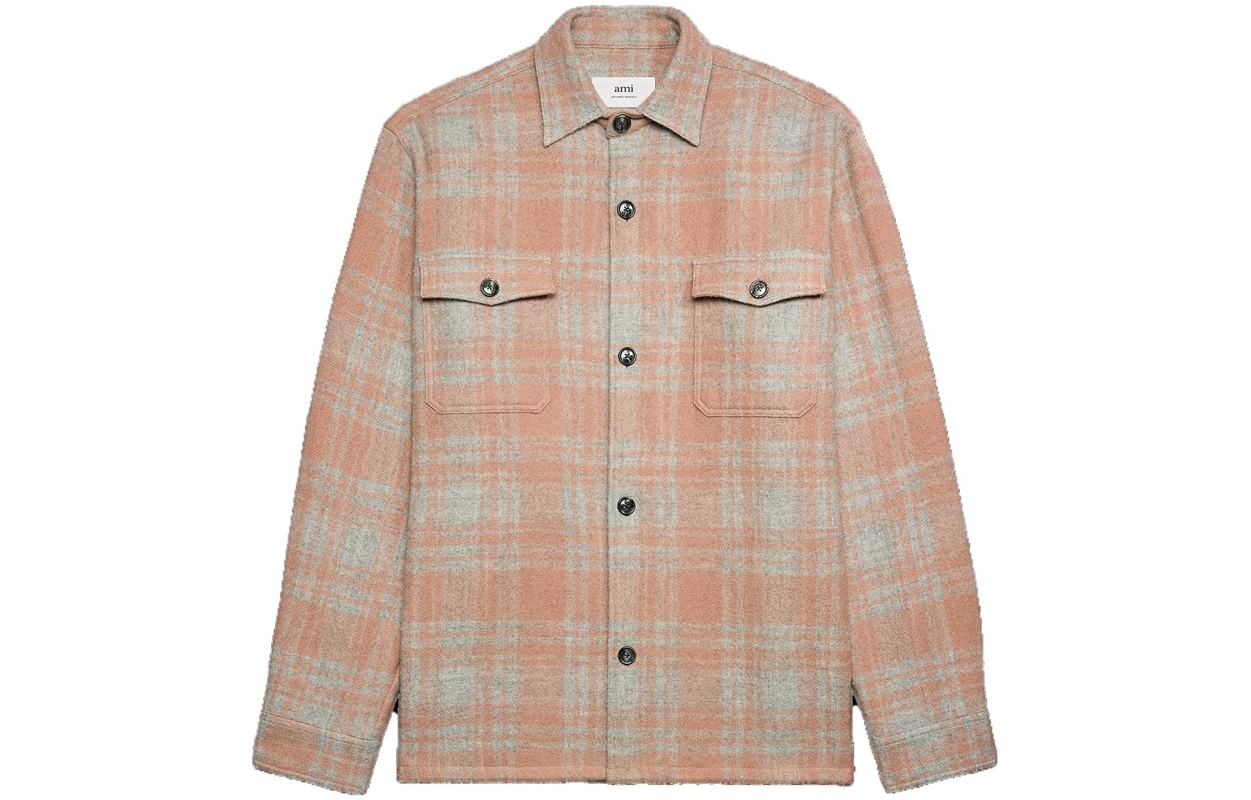 Ami Paris AMIPARIS FW23 Pink Oversized Wool Checked Pocket Shirt Unisex Designer Style. UJK226WV0014665
