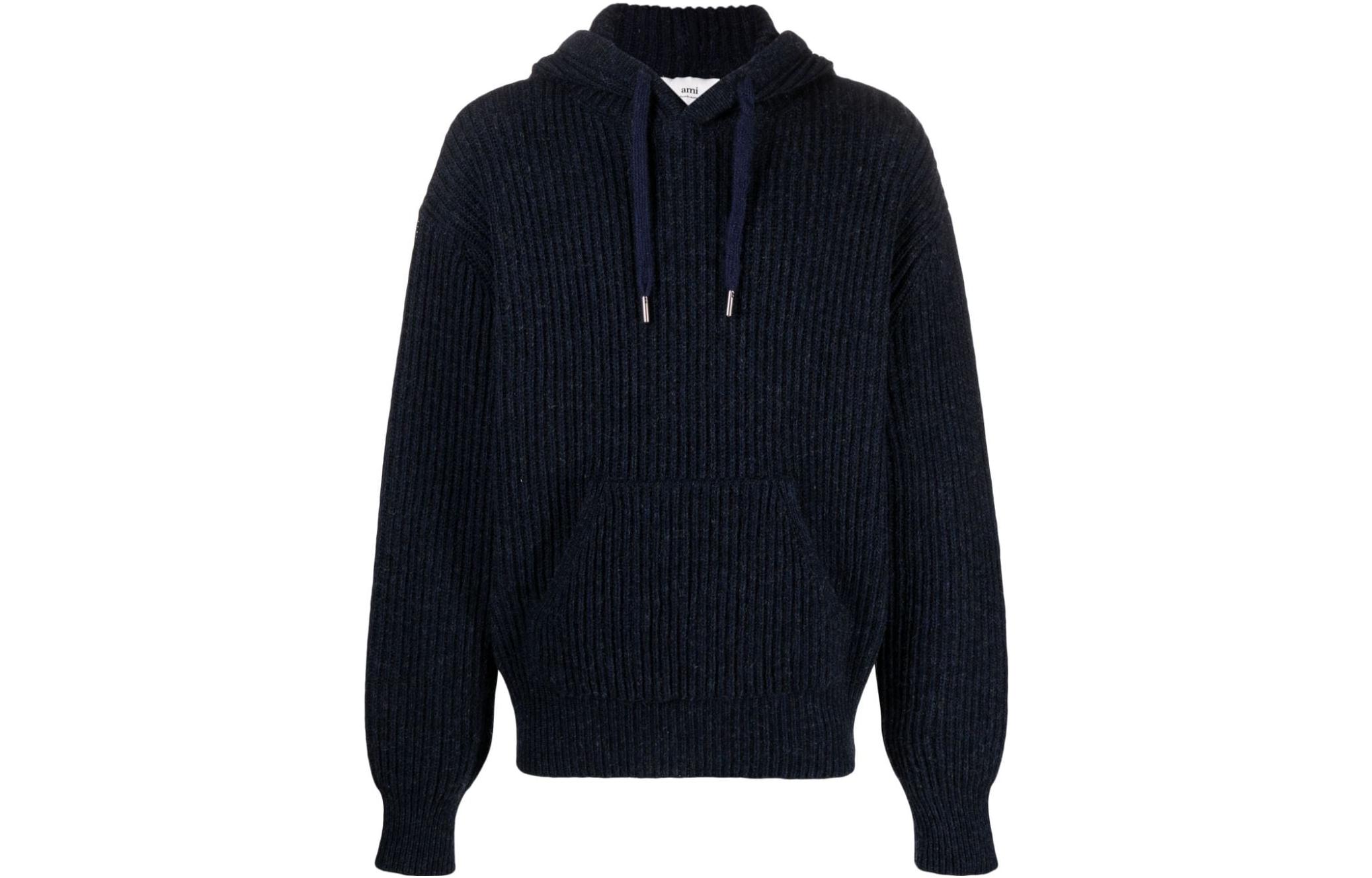 Ami Paris AMIPARIS FW23 Solid Color Hoodie Pullover Knit Sweater Men Blue HKS814KN0019-430