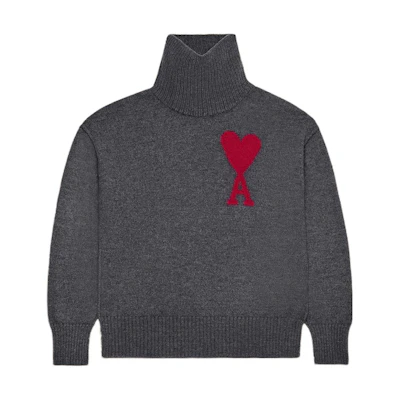 Ami Paris AMIPARIS FW23 Unisex Grey Heart Pattern High Neck Loose Sweater. BFUKS406018084